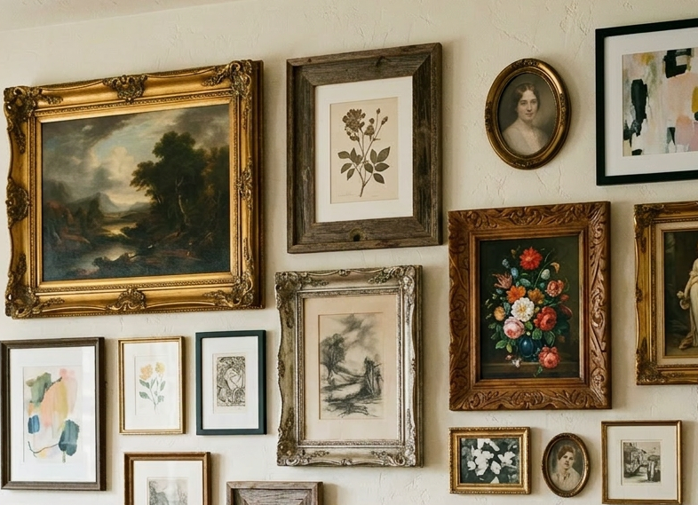 Gallery wall with framed paintings, drawings, and prints above wooden cabinet with lamp and plants